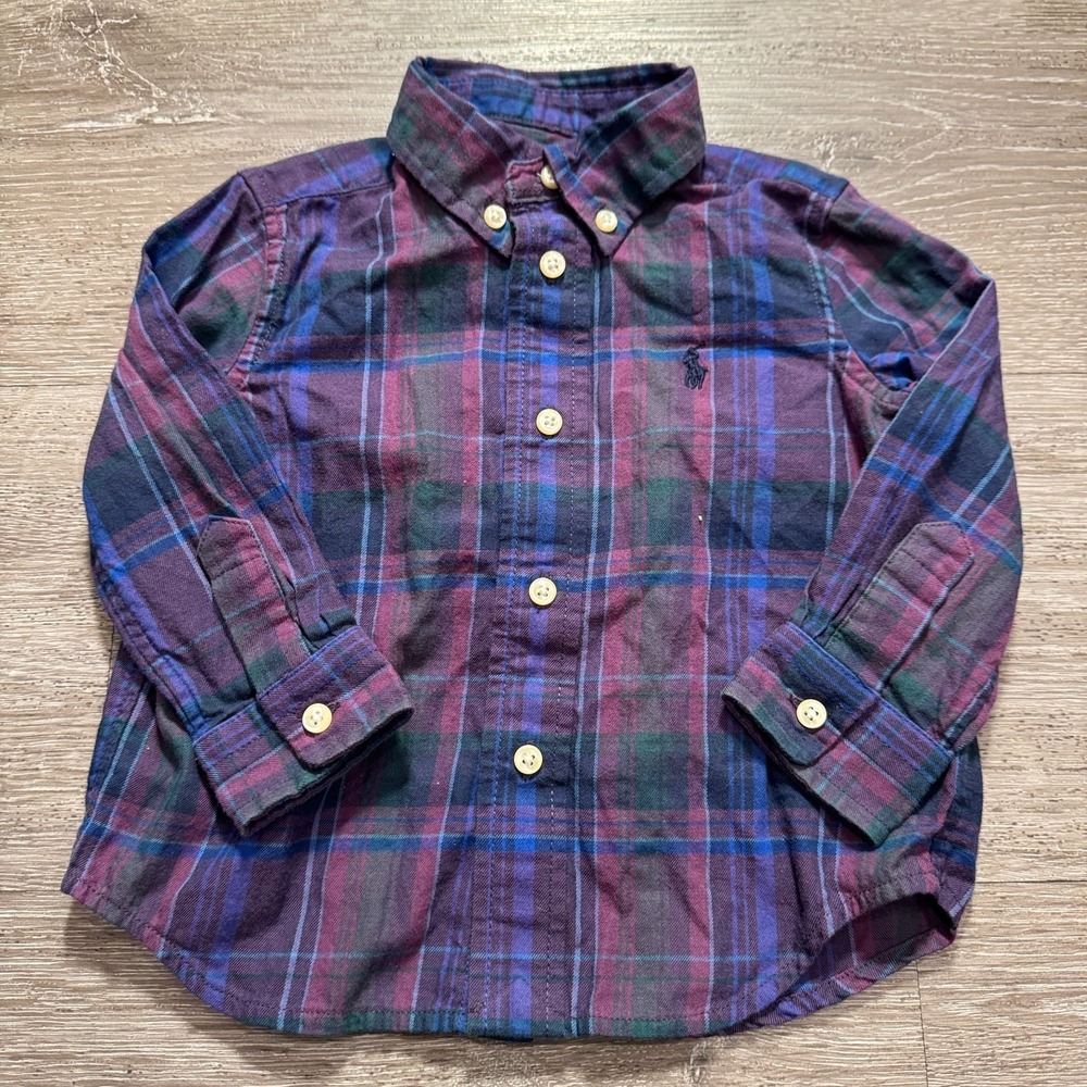 Polo Ralph Lauren Shirt Boys Toddler 12 M Purple Plaid Long Sleeve Button Up
